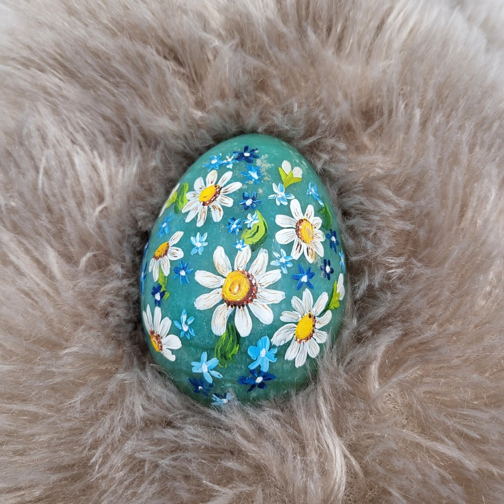 Hand Painted Amazonite Egg‎ Floral Daisy Gemstone Teal Blue Cottagecore Decor